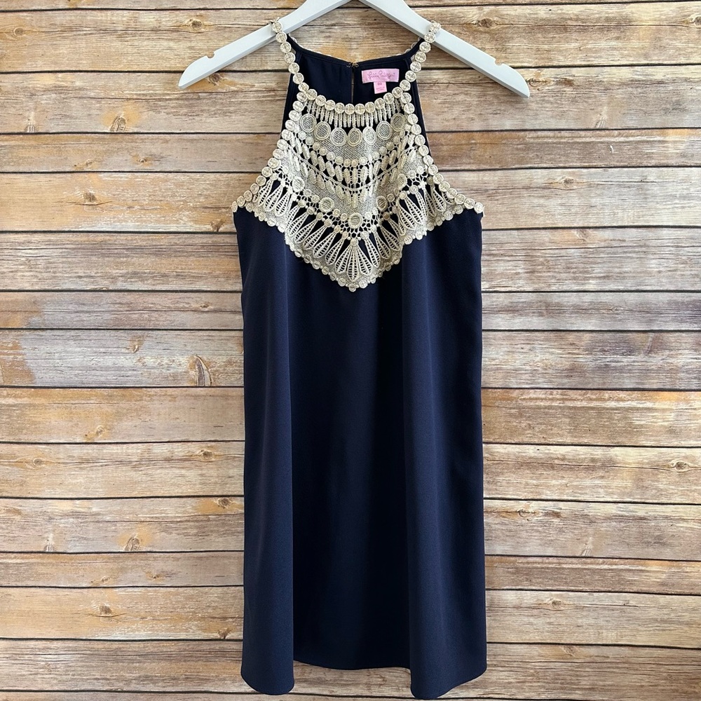 Lilly Pulitzer Pearl Soft Navy Blue Gold Lace Mini Shift Dress Size 00